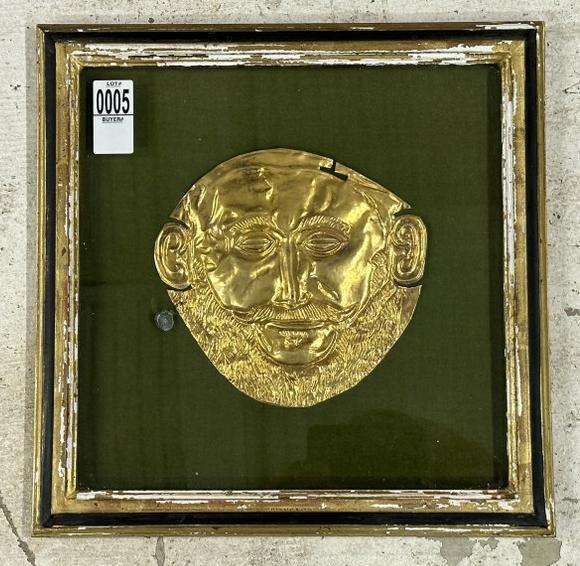 Replica (DEATH MASK ) from shaft graves at mycenae, c 1550 BC. Information on labels pictured on: Framed replica gold (DEATH MASK ), (not real gold ) from shaft graves at mycenae, c 1550 BC. Information on labels pictured on back, from TRITON GALLERY INC. ( in 1968 ). From fine Catskill, N.Y. esta