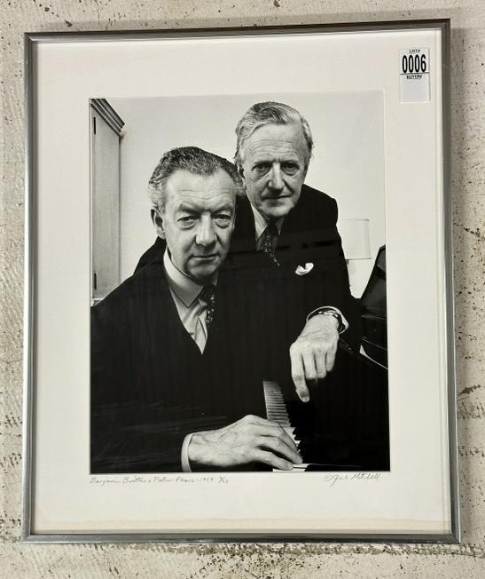 Jack Mitchell signed photograph of Benjamin Britten and Peter Pears - 1969, number 2 of 25. Image: Jack Mitchell signed photograph of Benjamin Britten and Peter Pears - 1969, number 2 of 25. Image measures 14" x 11", frame measures 18.5" x 15.5". From fine Catskill, N.Y. estate of Richard Philip.