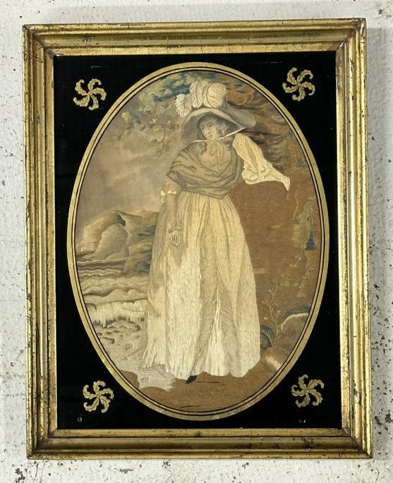 Early fine English stipple engraving embroidery of woman with water in background, with reverse: Early fine English stipple engraving embroidery of woman with water in background, with reverse painted glass, and lemon gilt frame. Image measures approx. 11" x 8", frame size is 12.5" x 10". From fi