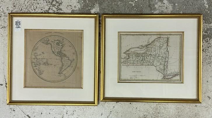 (2) nicely framed maps incl. WESTERN HEMISPHERE (Finley (Phila. 1823 ) & NEW YORK (Bradford 1835 ).: (2) nicely framed maps incl. WESTERN HEMISPHERE (Finley (Phila. 1823 ) & NEW YORK (Bradford 1835 ). In matching frames, maps measure 8.5" x 10.5" & 9.75" x 9.75". Nice estate condition.