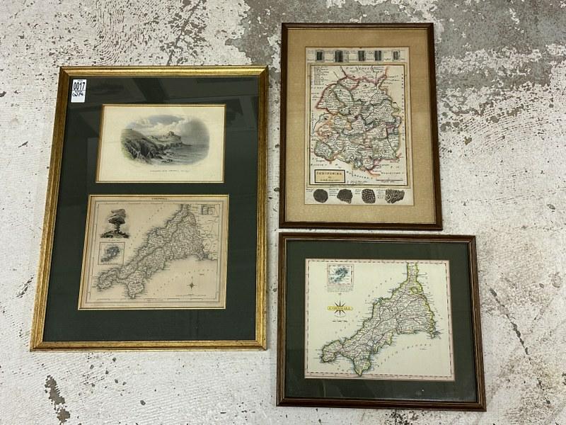 (3) nicely framed maps to incl - ( CORNWALL -map measures 8.25" x 10.25 ) - (SHROPSHIRE By H. Moll: (3) nicely framed maps to incl - ( CORNWALL -map measures 8.25" x 10.25 ) - (SHROPSHIRE By H. Moll Geographer -map measures 12.5" x 8". ) - (CORNWALL with colored plate on top, map measures 8.25" x 10