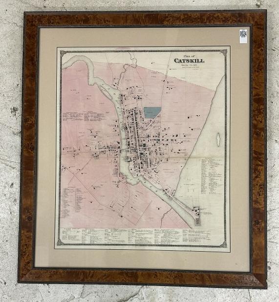 Early Map Plan of CATSKILL Greene Co. N.Y. ( M. Hopkins & C H Moore ), framed and matted in: Early Map Plan of CATSKILL Greene Co. N.Y. ( M. Hopkins & C H Moore ), framed and matted in beautiful burl wood frame. From fine Catskill, N.Y. estate. I can't see a date, but 19th century. Map measur