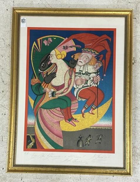 Mihail Chemiakin (B 1943 Russia ) signed untitled lithograph on paper, in nice gold frame, vibrant: Mihail Chemiakin (B 1943 Russia ) signed untitled lithograph on paper, in nice gold frame, vibrant color, excellent estate condition. From fine estate in Catskill, N.Y. Lithograph measures 29.5" x 21"