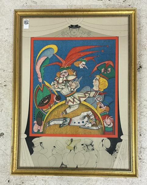 Mihail Chemiakin (B 1943 Russia ) signed untitled lithograph on paper, in nice gold frame, vibrant: Mihail Chemiakin (B 1943 Russia ) signed untitled lithograph on paper, in nice gold frame, vibrant color, excellent estate condition. From fine estate in Catskill, N.Y. Lithograph measures 29.5" x 21"