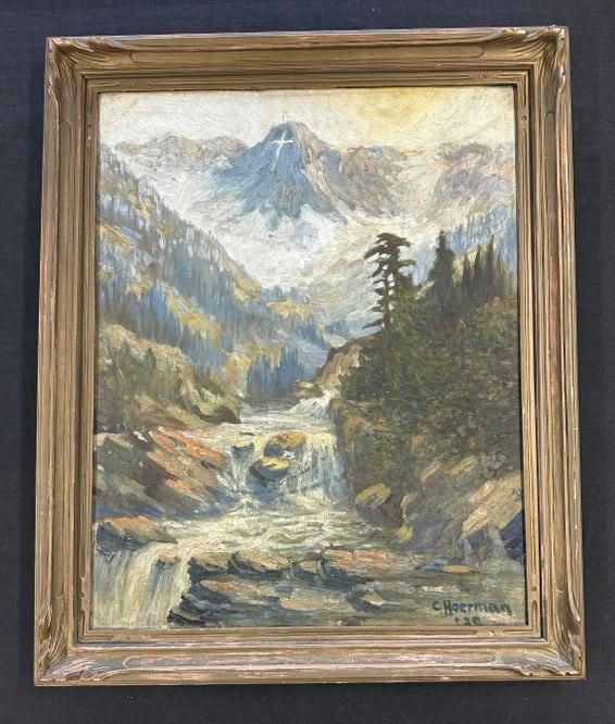 o/c landscape signed C Hoerman, date looks like 1920, paint crackling, in frame of the period. The: o/c landscape signed C Hoerman, date looks like 1920, paint crackling, in frame of the period. The painting measures 30" x 24", from estate in Catskill, N.Y. The frame measures 35" x 29".