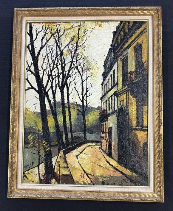 Impressionist o/c landscape - cityscape with buildings on the right, mountains in background, and: Impressionist o/c landscape - cityscape with buildings on the right, mountains in background, and trees in foreground. Signed (JONAR ? ). Has Christies Auction sticker on the back. Painting has paint 