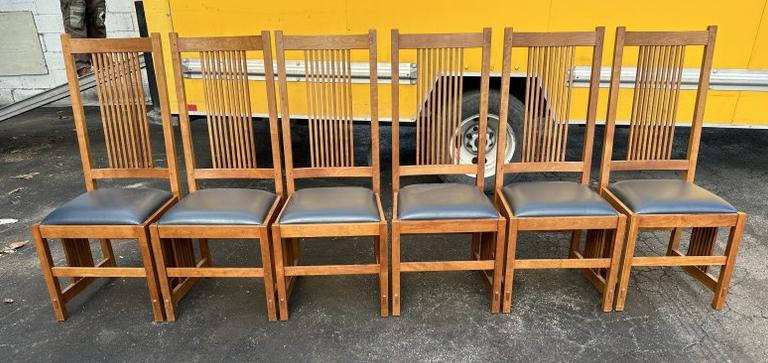 (6) contemporary STICKLEY cherry tall spindle back dining chairs, in overall nice condition, from: (6) contemporary STICKLEY cherry tall spindle back dining chairs, in overall nice condition, from Woodstock, N.Y. fine country home. All stamped with tags, measure 45" high.