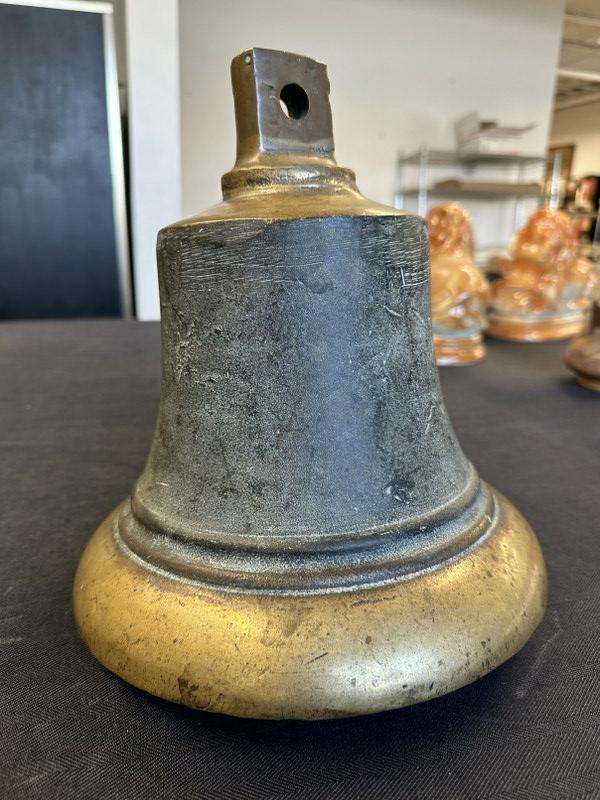 Early 19th c Royal Navy bronze ships bell, hallmarked as pictured. Found in Hudson Valley estate,: Early 19th c Royal Navy bronze ships bell, hallmarked as pictured. Found in Hudson Valley estate, measures approx. 10.75" high x 9.75" across the bottom. Just as we found it.