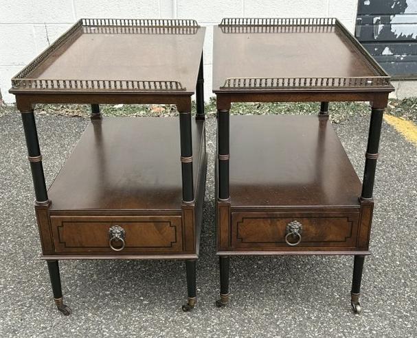 Wonderful pr. Beacon Hill Collection pair of mahogany end table stands, with burl drawer fronts,: Wonderful pr. Beacon Hill Collection pair of mahogany end table stands, with burl drawer fronts, drawers slide open from both ends. In nice estate condition, from Vassar College Professors estate in P