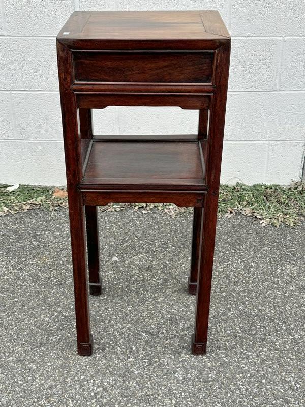 Older Asian hardwood one drawer stand with shelf, from Poughkeepsie, N.Y. estate of Vassar College: Older Asian hardwood one drawer stand with shelf, from Poughkeepsie, N.Y. estate of Vassar College Professor. Structurally sound, it measures 32.25" high x 11.5" wide x 13.5" front to back.