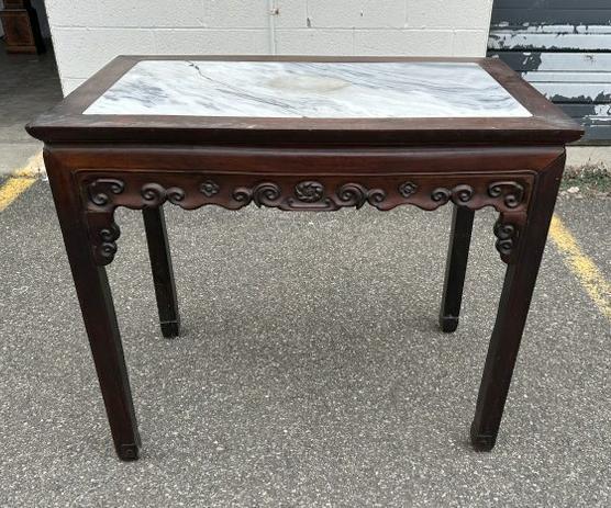 Older Asian hardwood carved marble top table ( marble is cracked, as pictured ). From Poughkeepsie,: Older Asian hardwood carved marble top table ( marble is cracked, as pictured ). From Poughkeepsie, N.Y. estate of Vassar College Professor. Nicely carved all away around the aprons. The table measure