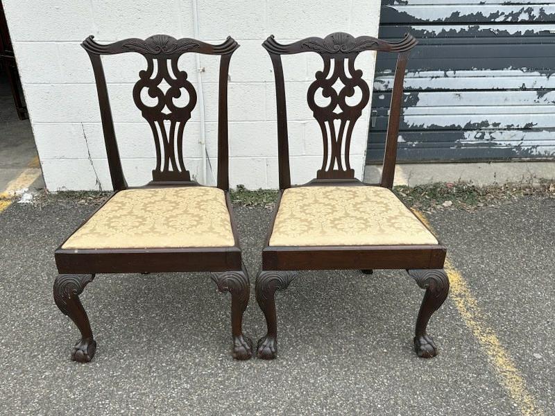 Pair early Chippendale carved chairs, well done, pegged, and in nice estate condition. From: Pair early Chippendale carved chairs, well done, pegged, and in nice estate condition. From Poughkeepsie, N.Y. estate of Vassar College Professor. Nice old finish and patina, structurally sound, and w