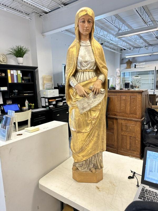 45" high carved statue of Mary with gesso covering and original gold & silver gilt, wonderful: 45" high carved statue of Mary with gesso covering and original gold & silver gilt, wonderful detail, original condition. From estate of Master carver John J. Noe, of New York City, who ran a shop tha