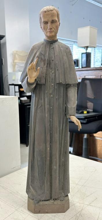 24" high wood carved statue of ST. ALPHONSUS LIGUORI , has a few finger tips off, and glued.: 24" high wood carved statue of ST. ALPHONSUS LIGUORI , has a few finger tips off, and glued. Wonderful detail. From estate of Master carver John J. Noe, of New York City, who ran a shop that did all a