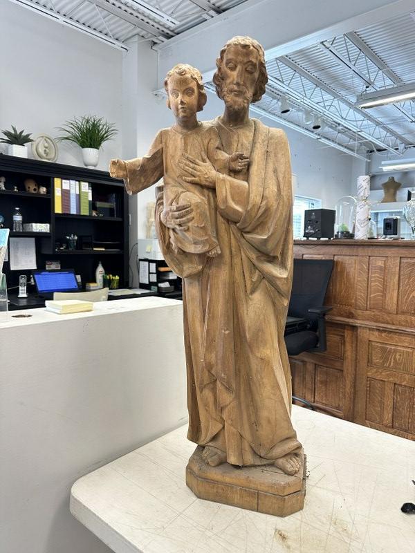 34" high carved statue of Joseph & Jesus, Baby Jesus missing a few fingers, nice detail. From: 34" high carved statue of Joseph & Jesus, Baby Jesus missing a few fingers, nice detail. From estate of Master carver John J. Noe, of New York City, who ran a shop that did all architectural work and 