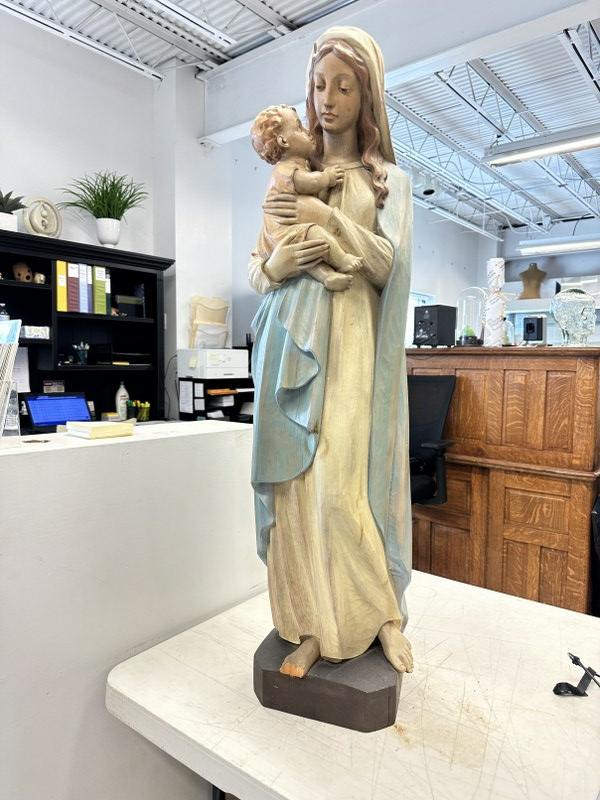 35.5" high carved wood statue of Mary and Baby Jesus, wonderful detail and coloring. Mary is missing: 35.5" high carved wood statue of Mary and Baby Jesus, wonderful detail and coloring. Mary is missing her toes on one foot. From estate of Master carver John J. Noe, of New York City, who ran a shop th