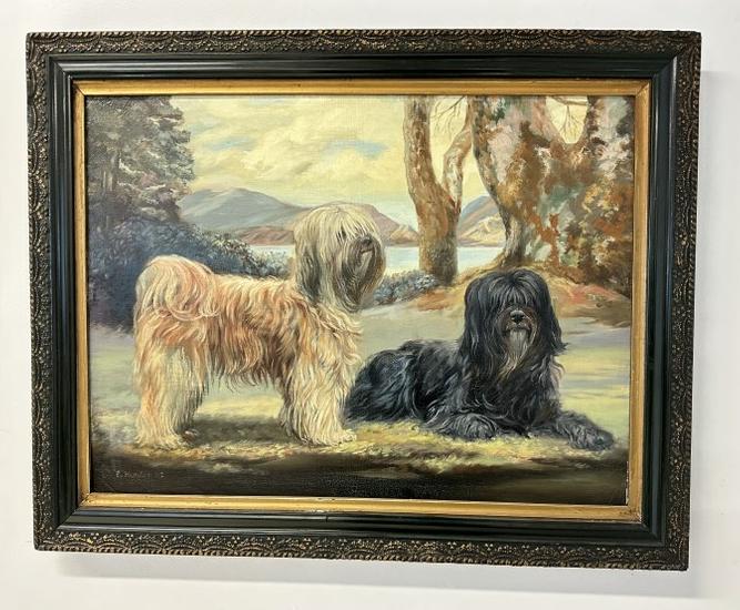 O/c painting of (2) Tibetan Terriers, signed E. Hunter 1982 lower left, from estate in Hudson: O/c painting of (2) Tibetan Terriers, signed E. Hunter 1982 lower left, from estate in Hudson Valley. Fine estate condition, painting measures 18" x 24", frame measures 22.5" x 28.5".