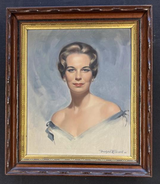 Bradshaw Crandell ( 1896-1966 ) o/c portrait of woman, dated 1960, in older walnut Victorian frame,: Bradshaw Crandell ( 1896-1966 ) o/c portrait of woman, dated 1960, in older walnut Victorian frame, signed lower right, fine estate condition. Painting measures 22" x 18", frame measures 27" x 23".