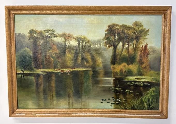 19th c o/c landscape with water in foreground, unsigned, titled on bottom center of painting ( Quiet: 19th c o/c landscape with water in foreground, unsigned, titled on bottom center of painting ( Quiet Waters ), painting measures 24" x 36", on back is Gallery Label from John Mathieson & Co. Edinburgh