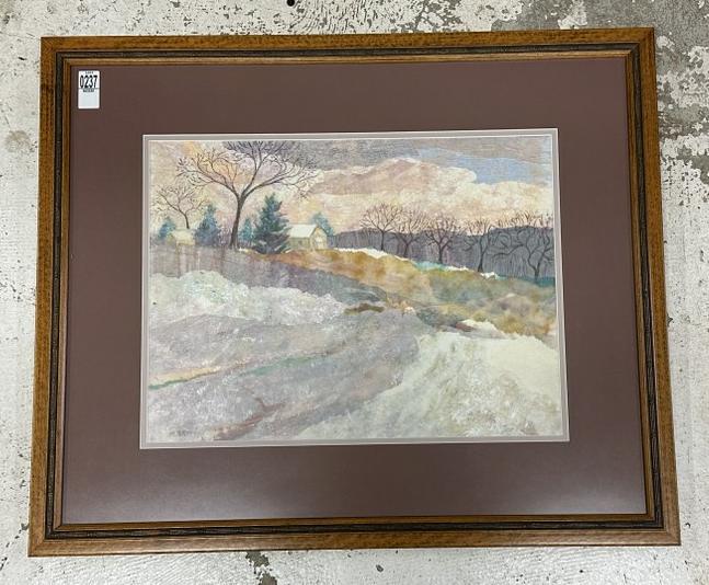M. Bragg impressionist landscape, looks like possibly watercolor collage on tissue like paper,: M. Bragg impressionist landscape, looks like possibly watercolor collage on tissue like paper, pencil signed lower left. I belive she is from Connecticut. Measures 15" x 20", the frame measures 25" x
