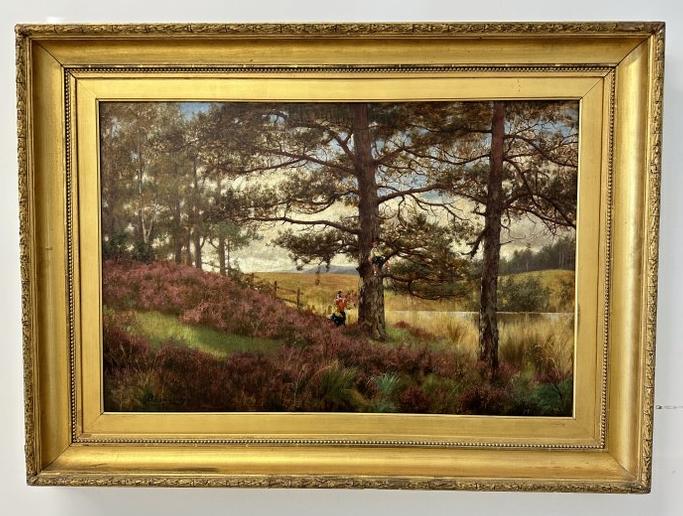 Arthur Beckingham ( 1855-1920 British ) o/c landscape with child in tree and Mother standing by the: Arthur Beckingham ( 1855-1920 British ) o/c landscape with child in tree and Mother standing by the tree, signed lower left. In nice overall estate found condition. In frame of the period. Signed lowe