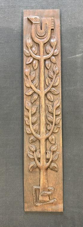 Folk art carved panel with tree, bird on top & snake on bottom, origin unknown, wood looks like: Folk art carved panel with tree, bird on top & snake on bottom, origin unknown, wood looks like walnut, the panel measures 36.5" x 7". Found in Hudson Valley estate.