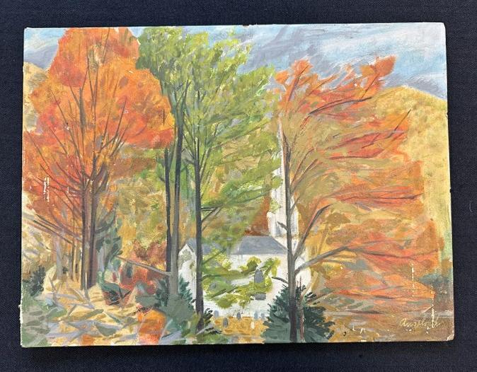Robert Henry Angeloch (1922 - 2011 Woodstock,N.Y. ) o/b impressionist fall landscape, titled Willow: Robert Henry Angeloch (1922 - 2011 Woodstock,N.Y. ) o/b impressionist fall landscape, titled Willow Church 1955. From local estate in Hudson Valley, signed lower right, painting measures 12" x 16", ha