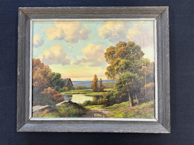 Paul Wesley Arndt (1881-1978 ) Autumn Pastoral landscape with barn & water in foreground, worked in: Paul Wesley Arndt (1881-1978 ) Autumn Pastoral landscape with barn & water in foreground, worked in Woodstock, N.Y. area, painting measures 16" x 20", frame measures 20" x 24", fine condition. Dated 1