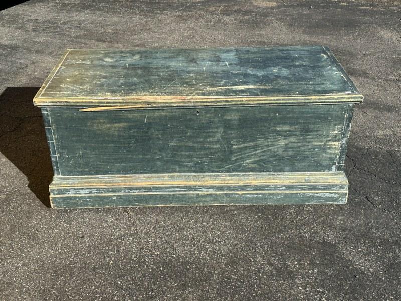 19th c dove tail blanket box in blue paint, till inside is intact, measures 39" wide x 18.5" deep x: 19th c dove tail blanket box in blue paint, till inside is intact, measures 39" wide x 18.5" deep x 16.25" high. ( one piece of top front trim has split ). From stone house in Hudson Valley.