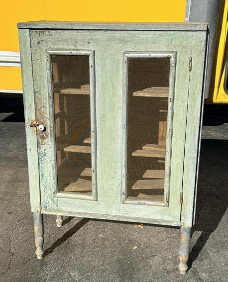 Old pie safe in blue paint, screened doors & sides, found in basement of stone house in Hudson: Old pie safe in blue paint, screened doors & sides, found in basement of stone house in Hudson Valley, measures 45" high x 31" wide x 16" deep.