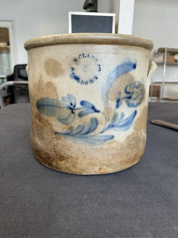 Stoneware N. CLARK JR. ATHENS, N.Y. blue decorated crock with flowers. From Hudson Valley estate,: Stoneware N. CLARK JR. ATHENS, N.Y. blue decorated crock with flowers. From Hudson Valley estate, has staining all the way around, measures 10" high x 11" across the top.