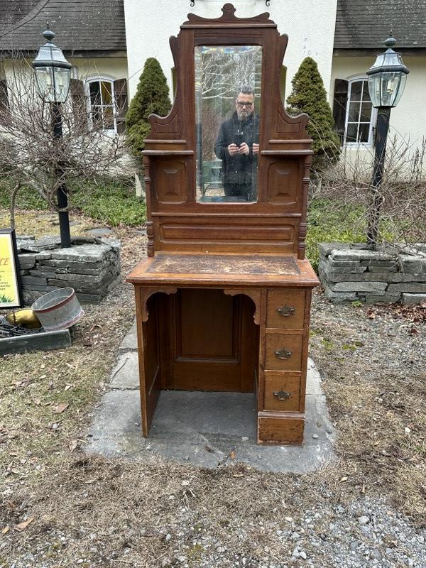 19th c diminutive dressing table - dresser with mirror, old finish intact, dovetailed drawers,: 19th c diminutive dressing table - dresser with mirror, old finish intact, dovetailed drawers, structurally sound, from Hudson Valley estate, measures 69" high x 30" wide x 18.5" deep.