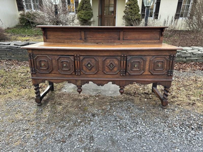 Circa 1900 oak carved sideboard, with 3 doors & backsplash, structurally sound, nice old finish,: Circa 1900 oak carved sideboard, with 3 doors & backsplash, structurally sound, nice old finish, from Hudson Valley estate, measures 77.5" wide x 35.5" high & 45" high to top of backsplash x 23" deep.