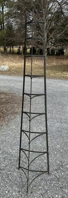 72" high handmade iron pie shelf rack, from Hudson Valley farmhouse, in very nice condition, widest: 72" high handmade iron pie shelf rack, from Hudson Valley farmhouse, in very nice condition, widest part at bottom measures 13.5" wide.
