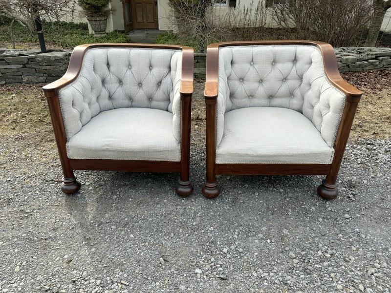 Pair fabulous mahogany arm chairs, with tufted upholstery, structurally sound, nice original finish,: Pair fabulous mahogany arm chairs, with tufted upholstery, structurally sound, nice original finish, and wonderful bun feet. From Hudson Valley estate, upholstery shows some wear, but solid pair of ch