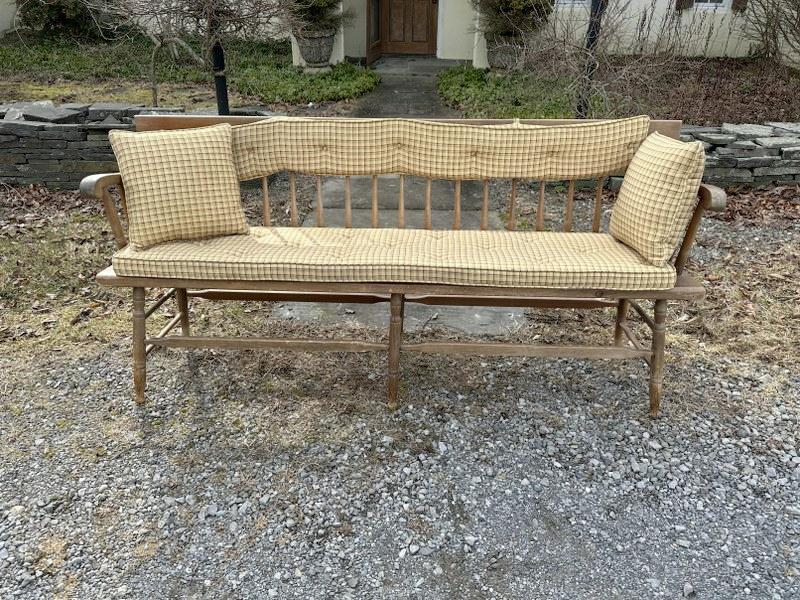 Nice older pine bench from Hudson Valley estate, with plaid cushions on back, seat and (2) pillows.: Nice older pine bench from Hudson Valley estate, with plaid cushions on back, seat and (2) pillows. Nice overall condition, measures 69" long x 33" high x 15.5" deep.