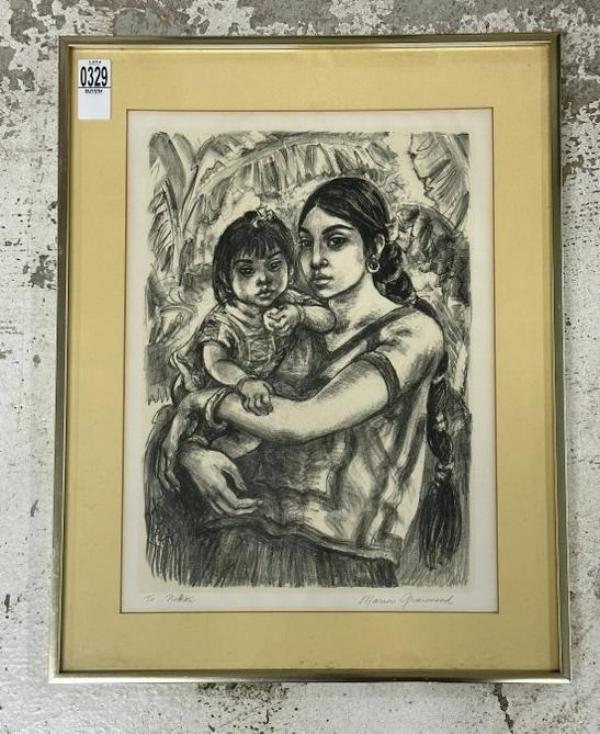 Marion Greenwood ( 1909-1970 ) pencil signed lithograph titled ( Tehvana Mother circa 1960 ). Nice: Marion Greenwood ( 1909-1970 ) pencil signed lithograph titled ( Tehvana Mother circa 1960 ). Nice estate condition, lithograph measures 16" x 12", gold metal frame measures 20.5" x 15.5".
