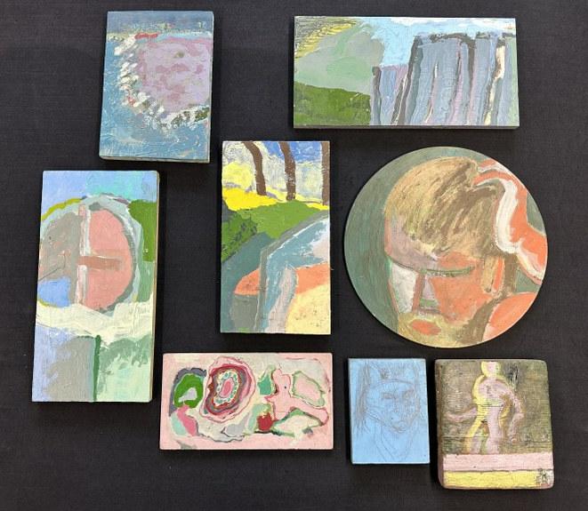 Edward Avedisian (1936 - 2007) (8) abstract pieces incl. (7) Oil on wood boards and (1) pencil: Edward Avedisian (1936 - 2007) (8) abstract pieces incl. (7) Oil on wood boards and (1) pencil drawing on a wood panel. Largest measures 17.5" x 9", to show scale. From Hudson, N.Y. estate of noted Ar