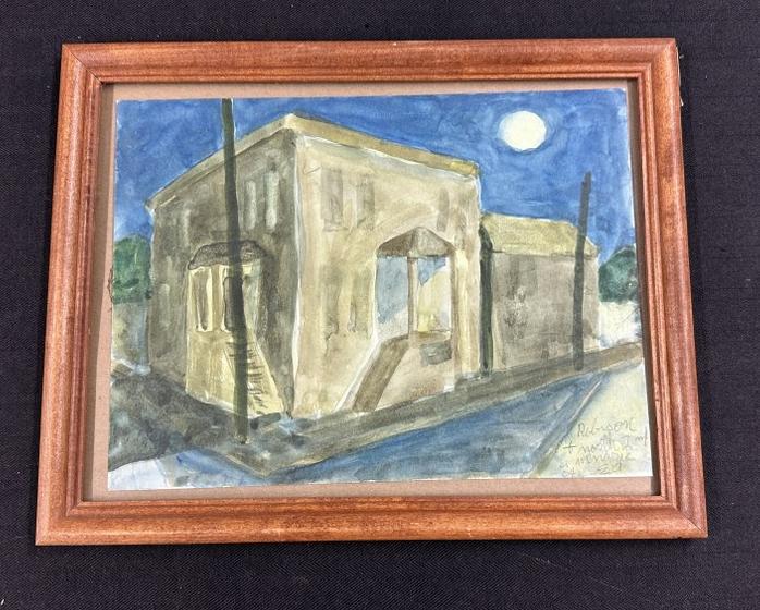 Edward Avedisian (1936 - 2007) w/color street scene with buildings, ( Robison & North ?? ) written: Edward Avedisian (1936 - 2007) w/color street scene with buildings, ( Robison & North ?? ) written in bottom left corner, with his initials. W/color measures 9" x 12", in simple frame. From Hudson, N.