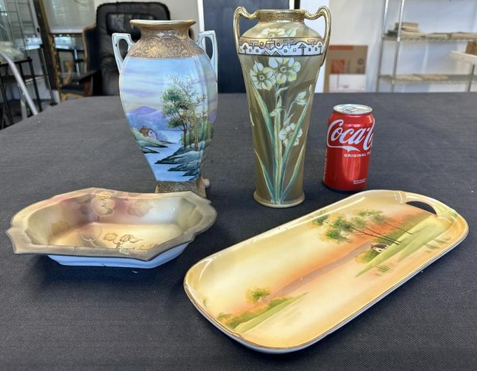(4) pcs. Hand painted NIPPON, all in nice estate condition, vases measure 10" & 9.5" high, tray: (4) pcs. Hand painted NIPPON, all in nice estate condition, vases measure 10" & 9.5" high, tray measures 14" long and bowl measures 9" long.
