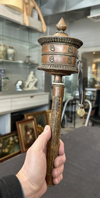 Tibetan Buddhist scroll in hand held copper Prayer wheel, found in local Hudson Valley estate,: Tibetan Buddhist scroll in hand held copper Prayer wheel, found in local Hudson Valley estate, measures 13" top to bottom. Prayer rolled tightly inside.