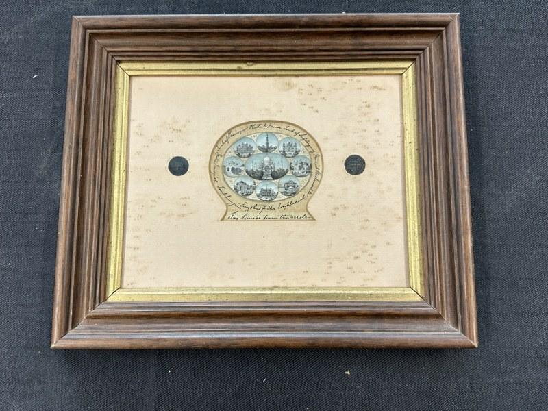 Early framed India buildings and handwriting along with (2) coins which are TWO ANNAS both dated: Early framed India buildings and handwriting along with (2) coins which are TWO ANNAS both dated 1841. Possibly done on bone or related material. The period teak or walnut frame measures 9.5" x 11.5".