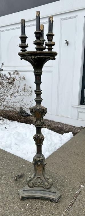 67" high carved wood candelabra floor lamp, from estate in Hudson Valley, most likely originally: 67" high carved wood candelabra floor lamp, from estate in Hudson Valley, most likely originally from a Church, nice old worn patina, with very nice detailâ€¦â€¦