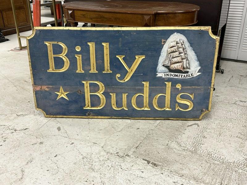 Billy Budd's Indomitable wood sign, (Not Antique ) a little age, good look for that bar room or man: Billy Budd's Indomitable wood sign, (Not Antique ) a little age, good look for that bar room or man caveâ€¦â€¦measures 51" x 27" x 2.25" thick.