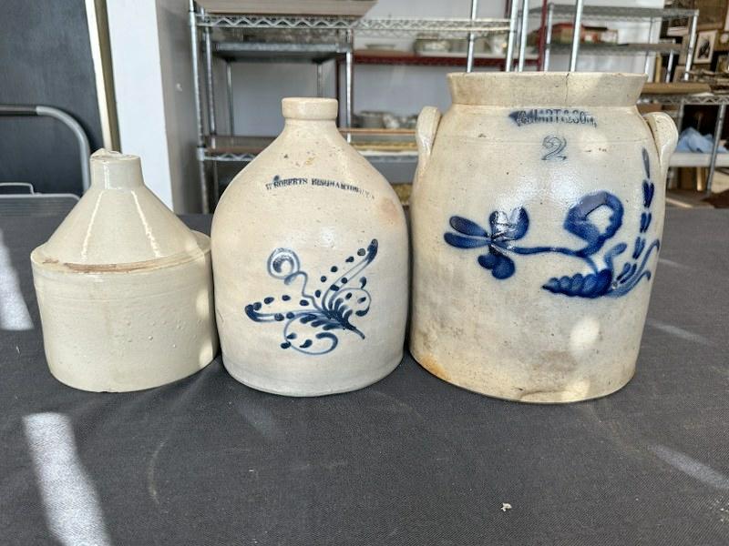 (3) pc. Stoneware lot with (2) decorated, includes small jug, W. ROBERTS BINGHAMTON, N.Y. JUG ( with: (3) pc. Stoneware lot with (2) decorated, includes small jug, W. ROBERTS BINGHAMTON, N.Y. JUG ( with chip on bottom rim & small hairline on side ) & G HART & SON 2 gallon crock with flower, ( has hair