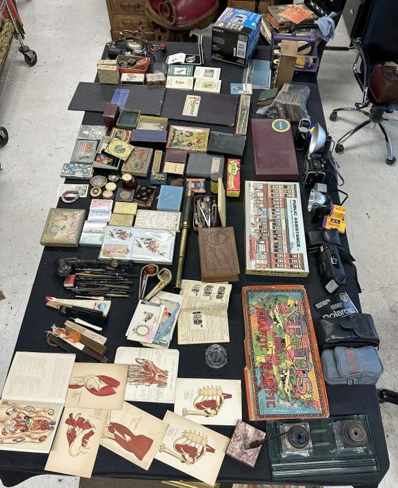 BIG Misc. estate to incl. compacts, playing cards, games, cameras, kids books, ephemera, heavy brass: BIG Misc. estate to incl. compacts, playing cards, games, cameras, kids books, ephemera, heavy brass bell, lighters, spy scope, old pens, inkwell, etc. Great lot for dealer to sort outâ€¦..Found i