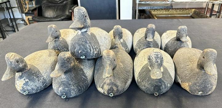 (11) 1940's era wood decoys, from local estate, overall nice condition, a few with a little more: (11) 1940's era wood decoys, from local estate, overall nice condition, a few with a little more wear than others, all the same, measure 12" long x 5.75" wide.