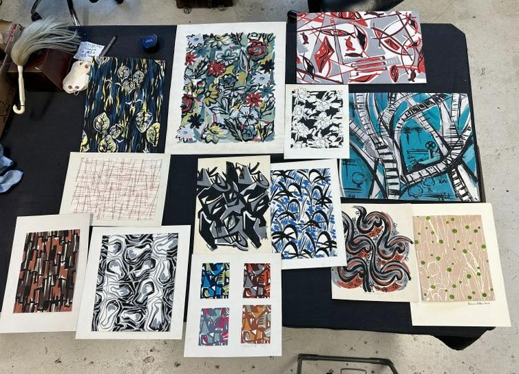 Hanna Hale lot of (14) abstract & impressionist wallpaper samples, gouache on thicker paper, all: Hanna Hale lot of (14) abstract & impressionist wallpaper samples, gouache on thicker paper, all from 1940's and 50's, signed. Some stamped on back with her NYC address. Largest measures 24" x 18.5" t