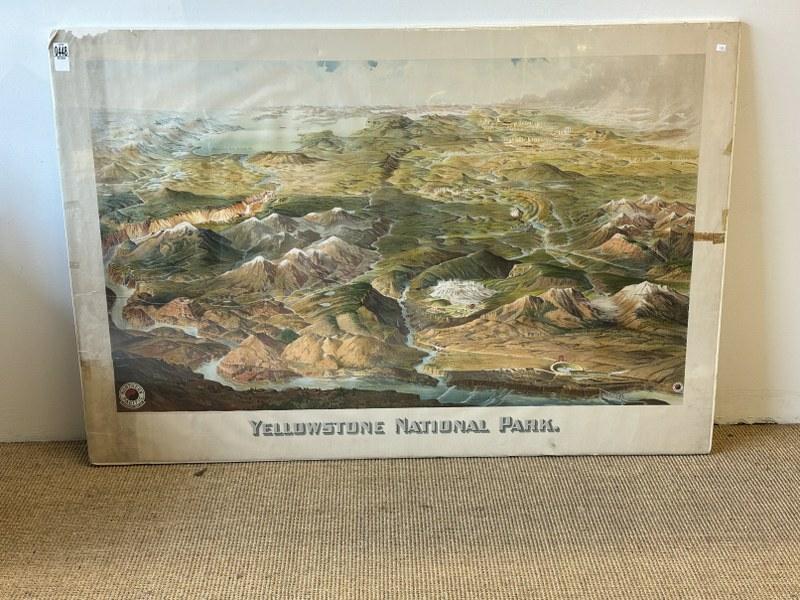 Large Lithograph YELLOWSTONE NATIONAL PARK, Copyright 1904, HENRY WELLGE , MILWAUKEE, for the: Large Lithograph YELLOWSTONE NATIONAL PARK, Copyright 1904, HENRY WELLGE , MILWAUKEE, for the NORTHERN PACIFIC RAILWAY. Shrinkwrapped, measures 32.5" x 48". Has spme tears, old tape mark on right side
