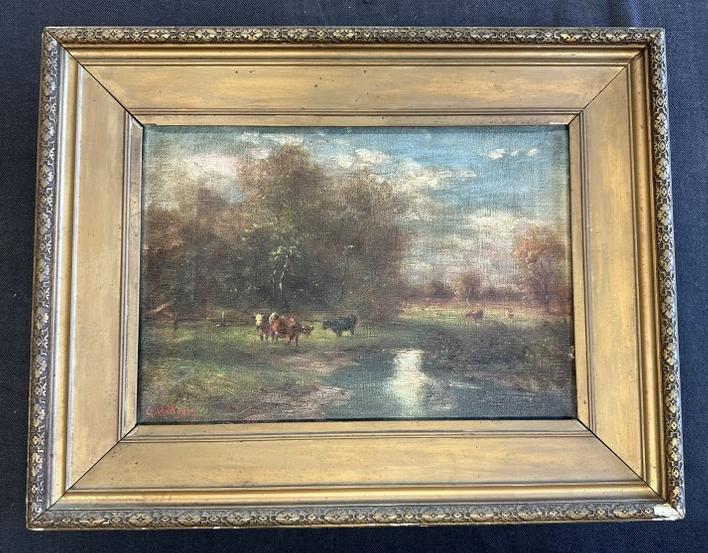 19th c o/c landscape with cows grazing, signed illegibly lower left, from Hudson Valley estate, in: 19th c o/c landscape with cows grazing, signed illegibly lower left, from Hudson Valley estate, in frame of the period, the painting measures 10" x 14", frame measures 15.5" x 20", untouched estate co